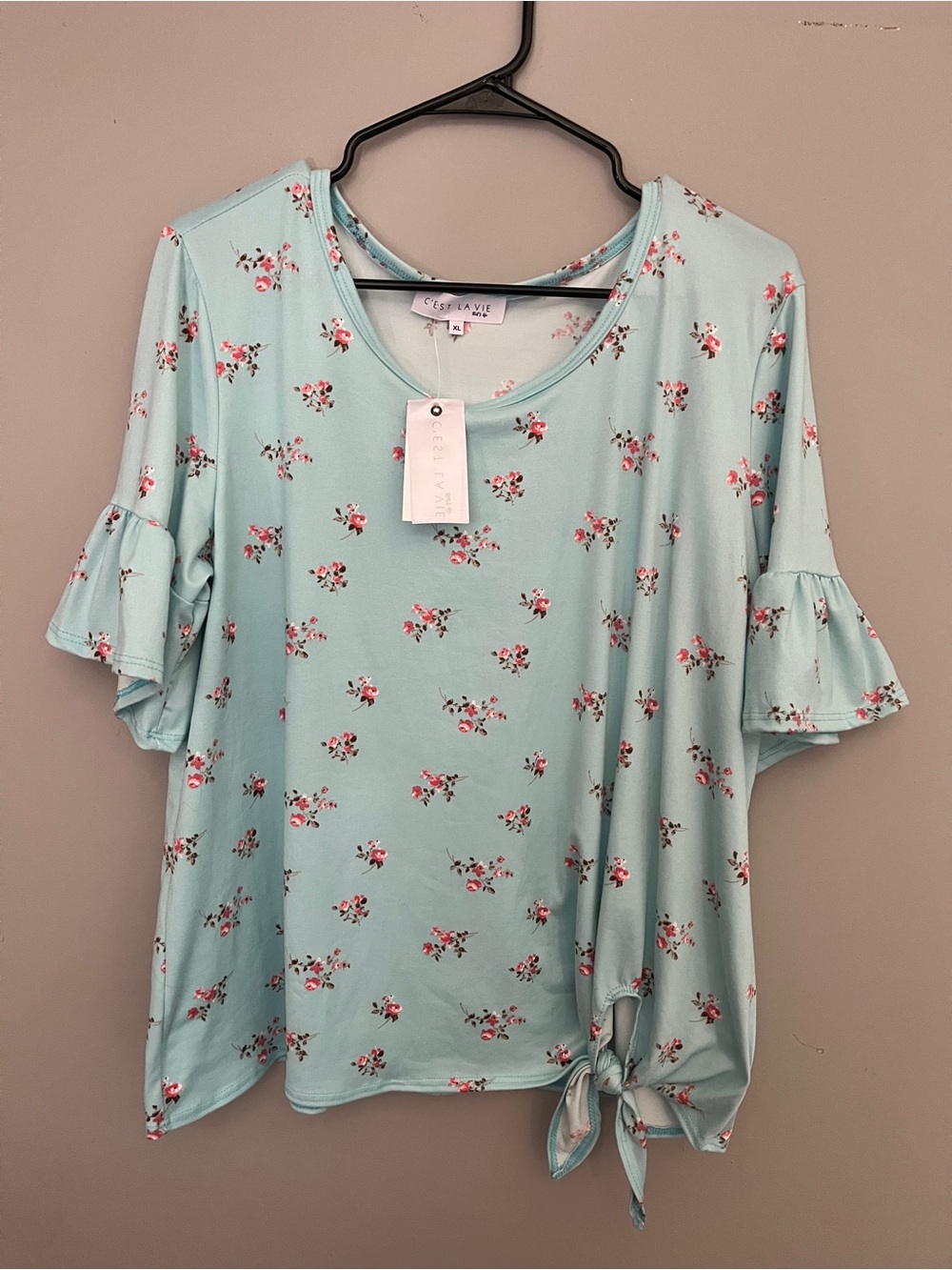 Clara Vie Mint Floral Tie-Hem Ruffle Sleeve Tee
